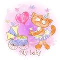 Mom cat with a baby in a stroller. My baby. Baby shower. Vector. Watercolor