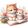 Mom Cat is reading a storybook to her kid, Watercolor clipart, Mother\'s Day. Mom gift.