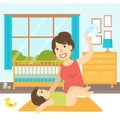 Mom Changing Diaper to Her Baby on Changing Table, Nursery Room Interior with Furniture Vector Illustration Royalty Free Stock Photo