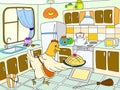 Mom chicken in the kitchen prepares food for the family color book for children cartoon vector Royalty Free Stock Photo