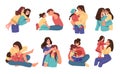 Mom and child. Happy mother hugging baby daughter, playing with kid, reading book. Celebration poster or card with