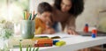 Mom, child and help with homework, color pencil and drawing for education, learning and development. Homeschool, mother Royalty Free Stock Photo