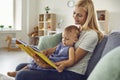 Mom and child are reading a book while sitting on the couch at home. Mothers Day. Royalty Free Stock Photo