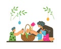 Mom with children decorate a festive basket for Easter, flat vector isolated.