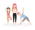 Mom and children standing in yoga postures and meditating. Mother and kids performing aerobics exercises together