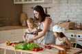 Mom cooks lunch with the kids. A woman teaches her daughter to cook from her son. Vegetarianism and healthy natural food. Royalty Free Stock Photo