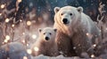 Mom and cub polar bear in the night snowy tundra