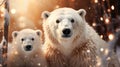 Mom and cub polar bear in the night snowy tundra Royalty Free Stock Photo