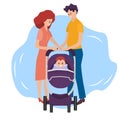 Mom, dad and baby in a stroller. Happy parenthood Royalty Free Stock Photo