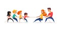 Mom, dad and children pulling opposite ends of rope. Tug of war competition between parents and their kids. Concept of