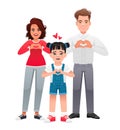 Mom, dad and daughter folded their palms in the shape of a heart. Friendly strong happy family with one child. Beautiful and