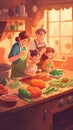 Mom dad and daughters together cooking lunch kitchen. Family gather together to prepare food, happily family