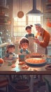 Mom dad and daughters together make apply pie in kitchen. Family gather together to prepare food