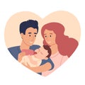 Mom and Dad feed their son from a bottle. Vector illustration in a flat style isolated on a beige heart. Loving couple