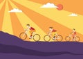 Mom, Dad and kids ride bikes on sunset backgrounds,Sport family, illustrations