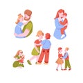 Mom and Dad with Son and Daughter Cuddling Together Vector Set