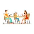 Mom, Dad And Son Having Breakfast , Happy Family Having Good Time Together Illustration