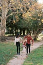 Mom and dad are walking along the path in the park, swinging their little daughter in their arms Royalty Free Stock Photo