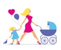 Mom with daughter and baby in baby carriage. Little girl feeds Royalty Free Stock Photo