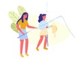 Mom and Daughter Catch Fish. Vector Illustration. Royalty Free Stock Photo
