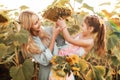 Mom and daughter are cleaning large ripe sunflower Royalty Free Stock Photo