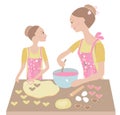 Mom and daughter cook birthday cakes together. Objects on white background.Flat style