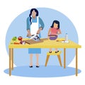 Mom and daughter cook in kitchen raster