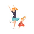 Mom and daughter dancing, girl having fun with her mother vector Illustration on a white background