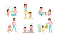 Mom and Daughter Doing Yoga, Baking, Drawing and Walking Vector Illustration Set