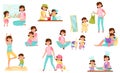 Mom and Daughter Doing Yoga, Baking, Reading Book and Walking Vector Illustration Set Royalty Free Stock Photo