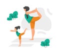 Mom and daughter doing yoga in park. Woman and girl training together outdoor. Parent with child standing in asana