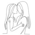 Mom and daughter hug and look at each other in love continues line drawing. Mother`s day concept