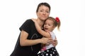 Mom and daughter hugged each other, isolated on a white background