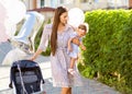 Mom with daughter in love walks in garden