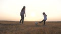 Mom and daughter play football on field in rays of the sunset. Teamwork of the child and mom. Happy family and child