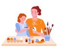 Mom and daughter are preparing for Easter  decorating eggs together. Vector illustration in flat cartoon style. isolated on white Royalty Free Stock Photo