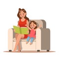 Mom and daughter reading a book. character design