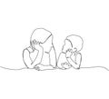 Mom with daughter, son one line art. Continuous line drawing of motherhood, family, love, child, communication, family