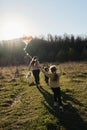 Mom with daughter and son and white half-breed dog. Happy family runs around field at sunset and plays with kite. Launch Royalty Free Stock Photo