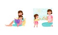 Mom and daughter spending time together set, They are reading book and painting cartoon vector illustration