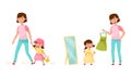 Mom and daughter spending time together, walking and choosing dress cartoon vector illustration