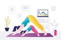 Mom and daughter stand in yoga pose, downward - facing dog. Woman and kid practice yoga together. Remote sports activities. Family Royalty Free Stock Photo