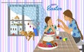 Mom and daughter at the table paints Easter eggs and window overlooking the Orthodox church . Horizontal illustration Royalty Free Stock Photo