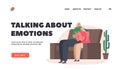 Mom and Daughter Talking about Emotions Landing Page Template. Mother Comforting Child Sitting on Sofa in Room