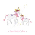 Mom and daughter unicorns girls. Happy Mother`s day magical unicorn greeting card