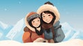 Mom and daughter in a warm fur Eskimo jacket and hood close-up against the backdrop of winter mountains