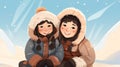 Mom and daughter in a warm fur Eskimo jacket and hood close-up against the backdrop of winter mountains