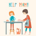 Mom and dauhter cooking together. Home help, upbringing. Vector