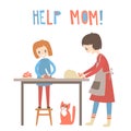 Mom and dauhter cooking together. Home help, upbringing. Vector