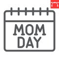 Mom day calendar line icon, date and holiday, mothers day calendar vector icon, vector graphics, editable stroke outline